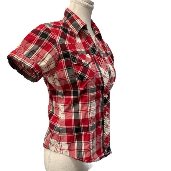 SWS Y2k Retro Red Check Plaid Button-Down Shirt with Puff Sleeve Size Medium - Picture 4 of 7